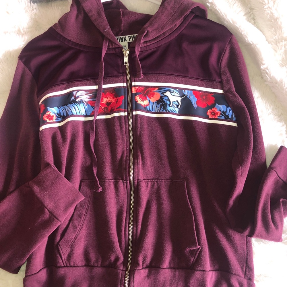 VS pink maroon zip up with printed stripe and dog logo